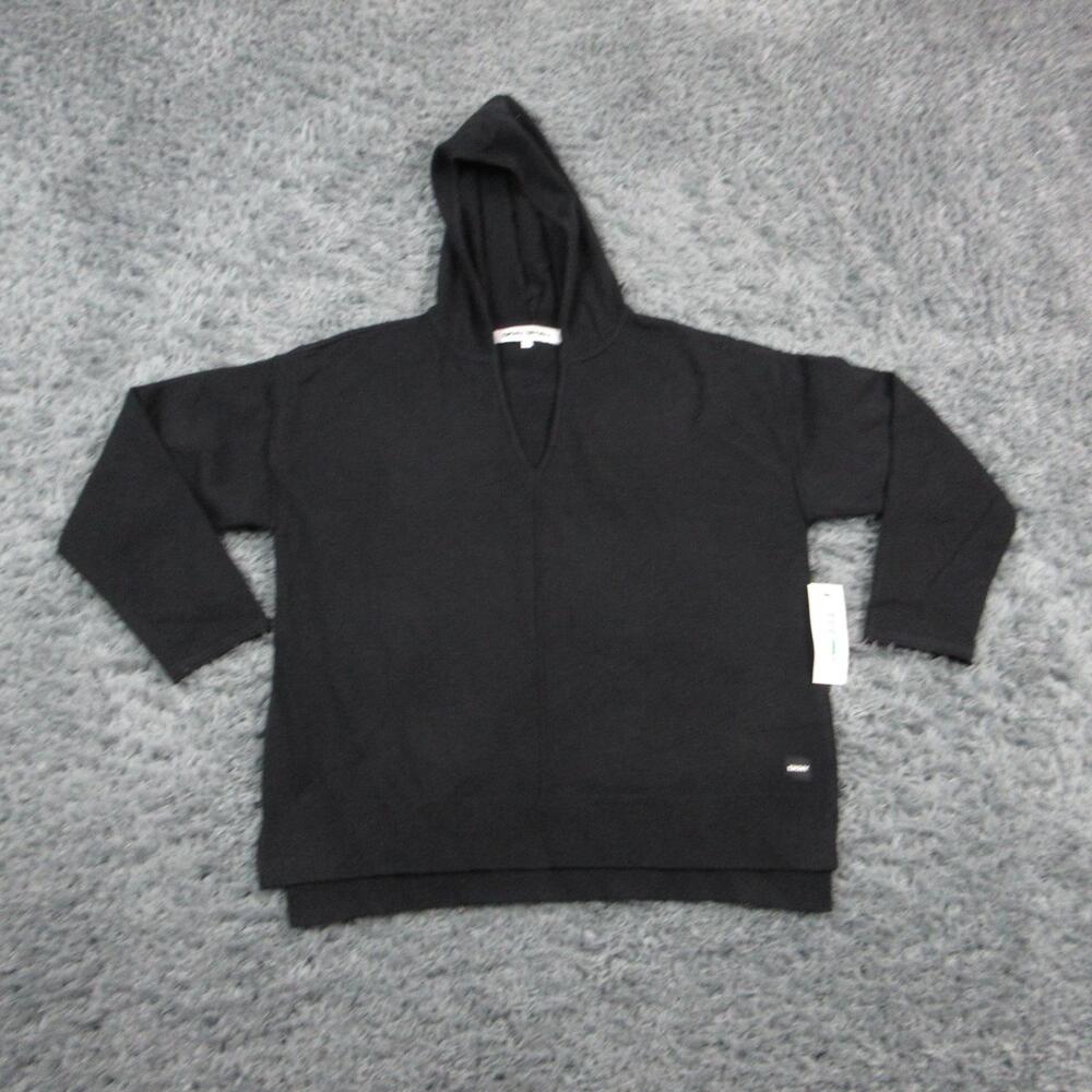 DKNY SPORT Hoodie Pullover Womens L Black V-Neck Knit Oversized Hooded NWT